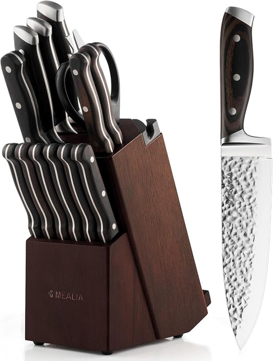 Kitchen Knife Set with Block, 15-Piece Professional Stainless Steel Sharp Knives Set for Kitchen with Built-in Sharpener, Ergonomic Wooden Handle, Full Tang Forged Triple Rivet, Boxed Knife Set