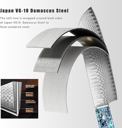 Damascus Santoku Knife, Japanese Knife 10Cr15MOV Blade with Hand Forged Hammer Pattern Chef Knife, Hand forged VG10 steel cooking knife, Ergonomic abalone shell G-10 handle with Gift Box