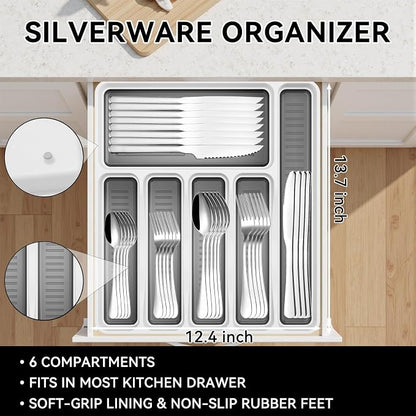 49-Piece Stainless Steel Silverware Set with Cutlery Organizer, Service for 8 with Steak Knives and Kitchen Utensils