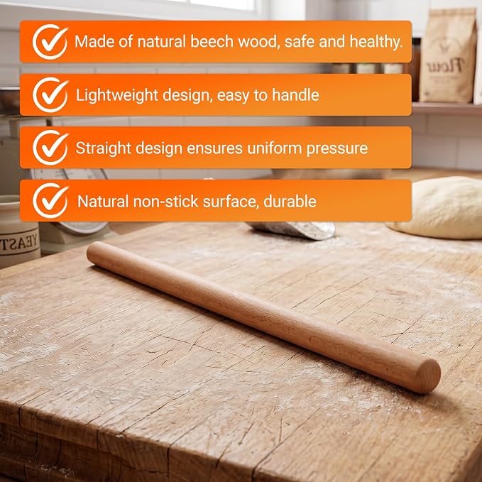Gisafai 2 Pack Thin Rolling Pins Extra Long 3/4-inch Diameter Wooden Baking Dough Rolling Pins 23.62 In/ 60 cm Long Handmade for Large Baking, Tortilla, Bread, Nut Tart, Pizza