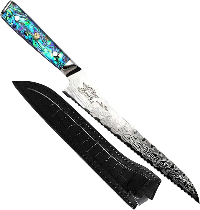 Damascus Bread Knife - 10" / 25.5 cm AUS-10 Steel, Clear Resin Handle - Leather Sheath Included