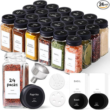 ComSaf Aesthetic Minimalist Glass Spice Jars with Labels, 24Pcs 4oz Empty Spice Containers with 93 Labels, Metal Funnel, Extra Shaker Lids, Square Spice Bottles for Kitchen Organization