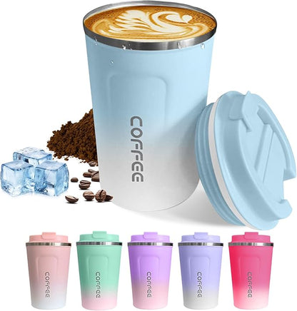 SPLMIFA Travel Coffee Mugs Leak-Proof, Reusable Coffee Cups with Lids, Stainless Steel Vacuum Insulated Coffee Tumblers, Thermal Insulation Cup for Men & Women Hot & Cold Drinks(2nd-Blue White, 12OZ)