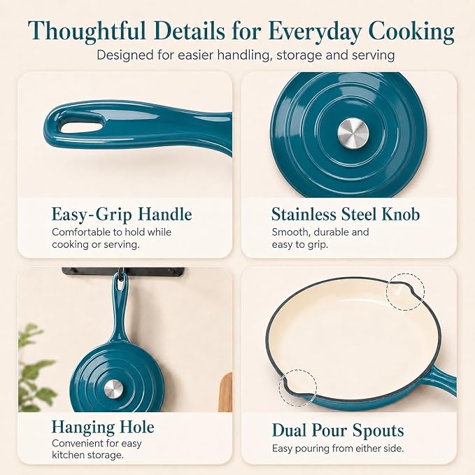 Hisencn Enameled Cast Iron Cookware Set - 7 Piece Set of Dutch Ovens, Sauce Pan, Skillet, 3 Lids, Dutch Oven Set, Ceramic Coated Cast Iron, Heavy Duty, Gas/Induction Compatible (Teal)