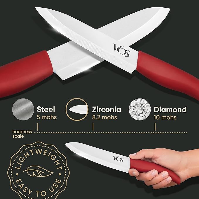 Vos Ceramic Knife Set, Ceramic Knives Set For Kitchen, Ultra Sharp Kitchen Knife Set with Covers, 3" 4" 5" 6" Paring, Santoku, Chef Knife & Utility, Lightweight, Dishwasher safe (Red with Block)