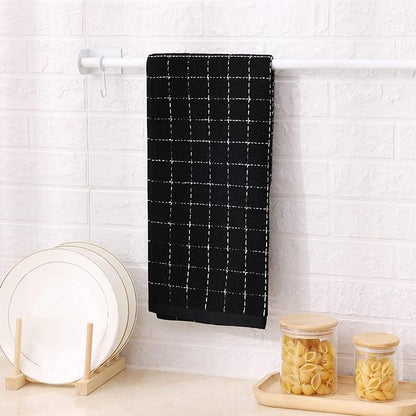 Mordimy 100% Cotton Terry Cloth Kitchen Towels, Super Soft and Absorbent Dish Towels for Drying, Checkered Designed Hand Towels for Kitchen, 13 x 28 Inches, 4 Pack, Black