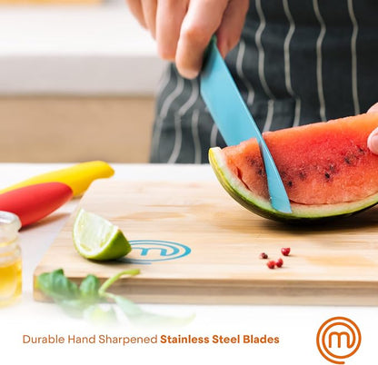 MasterChef Kitchen Knife Set with Covers incl. Paring, Boning, Carving, Bread, Santoku & Chef Knife, Sharp Cutting Stainless Steel Blades with Sheaths, 12 Piece (6 Colored Kitchen Knives & 6 Covers)
