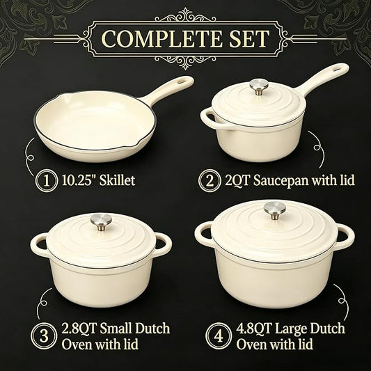 QuliMetal Enameled Cast Iron Cookware Set, 4-Piece Pots and Pans Set with Lids, 10.25" Skillet, 2QT Saucepan, 2.8QT & 4.8QT Dutch Ovens, Oven Safe to 500°F, All Stovetops Compatible - Cream White