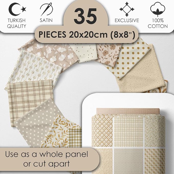 Cotton Satin Patchwork Fabric Panel – 35 Designs, 20×20 cm Squares, Single Piece 150×110 cm, Neutral Beige Quilt Fabric (Golden Beige Patchwork Set, 35pcs 8x8 inch)