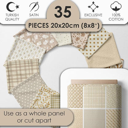 Cotton Satin Patchwork Fabric Panel – 35 Designs, 20×20 cm Squares, Single Piece 150×110 cm, Neutral Beige Quilt Fabric (Golden Beige Patchwork Set, 35pcs 8x8 inch)