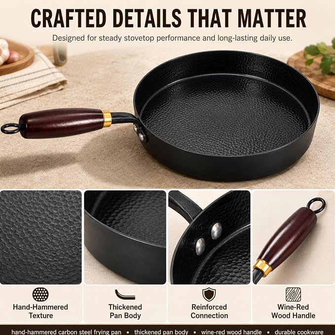 Calmabode 9.5” Hand-Hammered Carbon Steel Pan with Wooden Lid | Nitrided carbon steel, flat bottom, detachable wood handle, ideal for eggs, steak, searing, sautéing and daily cooking
