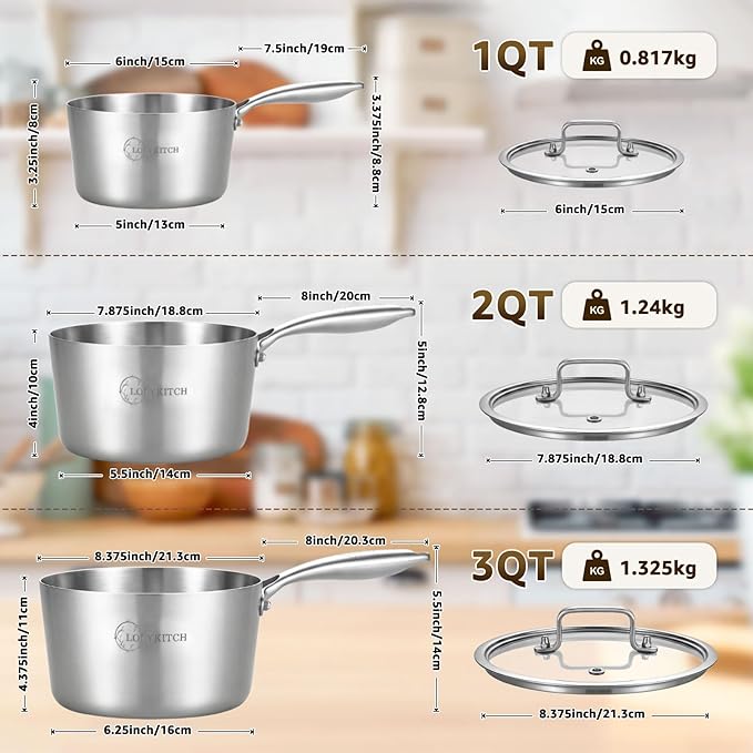 LOLYKITCH Tri-Ply Stainless Steel Saucepan Set with Glass Lids, 1 & 2 & 3QT Cooking Pots, Uncoated Heavy Bottom Metal Sauce Pans for Induction Cooktop, Ergonomic Handle