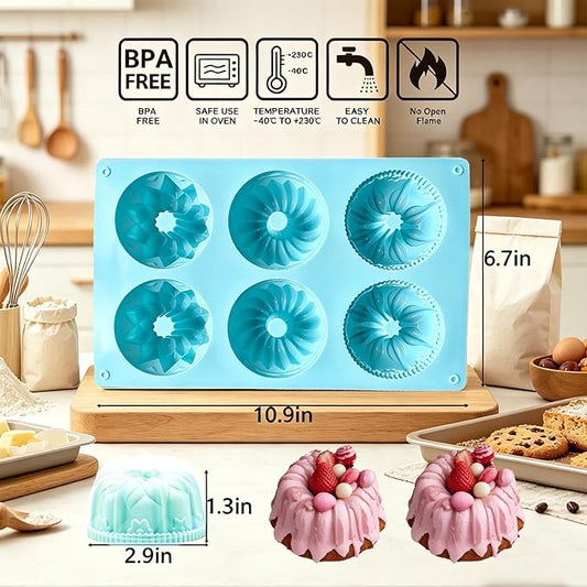 3pcs Mini Fluted Cake Pan,6-Cavity Fluted Tube Cake Pan,Silicone Cupcake Molds for Baking, No-nstick Cupcakes Mold for chocolate/Brownies/Jello