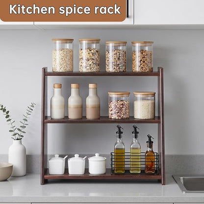 100% Solid Wood Kitchen Countertop Organizer, 3 Tier Spice Rack, Rustic Bathroom Countertop Organizer, Trinket Shelf, Tiered Display Stand for Spices, Makeup, Collectibles & Home Decor