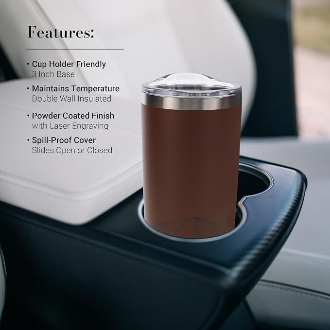 Christian Art Gifts Large Premium Stainless Steel Vacuum Sealed Insulated Travel Mug Tumbler for Men & Women: Faith Inspiring Mountain Theme, Leak-Proof Retractable Lid, All Day Hot/Cold, Brown, 18 oz