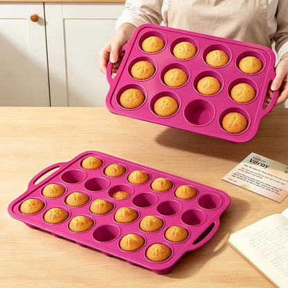 Silicone Muffin Pan for Baking: Non Stick Regular 12 Cup and Mini 24 Cup Muffin Pan Set with Metal Frame - BPA Free 2Pcs Silicone Small Cupcake Tin Tray Egg Bites Mold - for Oven Home Bakers