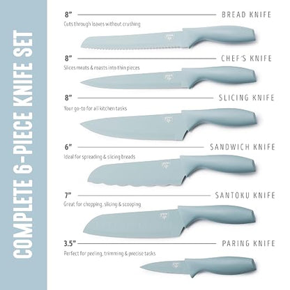GreenLife 6 Piece Kitchen Knife Set, Rust-Resistant Nonstick Coating, High Carbon Stainless Steel Knives, Blade Guards, Razor Sharp, Ergonomic Handle, Chef, Santoku, Paring, Blue Haze