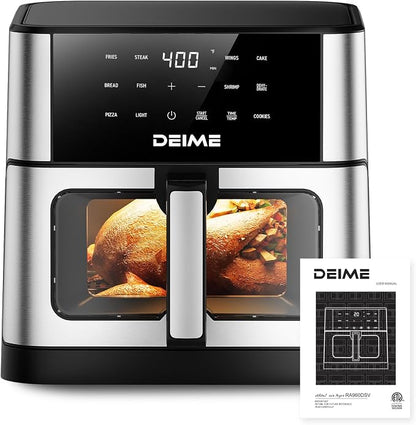 DEIME Air Fryer 10.2 QT, 1700W Large Capacity with 10 Preset, Visual Cooking Window, Non-Stick Basket, Recipe Included (Silver)