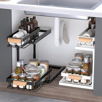 2-Tier Sliding Under Sink Organizer, L-shape Pull Out Cabinet Organizers, Multi-purpose Sink Storage Shelves, Metal Mesh Drawer Organizer for Bathroom Kitchen (White, Pull-Up & Down Style)