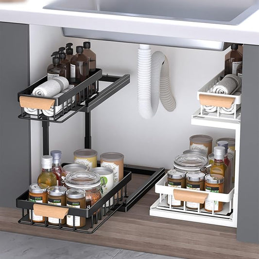 2-Tier Sliding Under Sink Organizer, L-shape Pull Out Cabinet Organizers, Multi-purpose Sink Storage Shelves, Metal Mesh Drawer Organizer for Bathroom Kitchen (Black, Pull-Down Style)