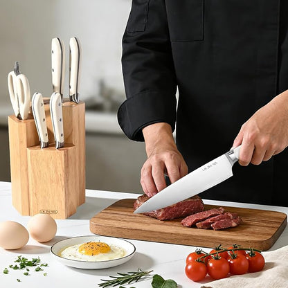 7 Piece Kitchen Knife Block Set, Stainless Steel Knives with Sharpener for Chopping, Dishwasher Safe (burlywood)
