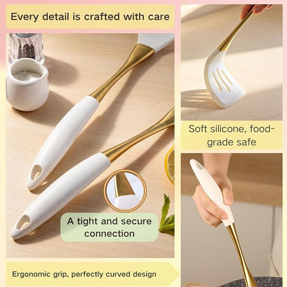 Heat-Resistant Kitchen Spatula Set – Non-Toxic Cooking Utensils with Solid & Slotted Designs –Food Grade Silicone and Gold-Plated Stainless Steel Handles –Ideal for Nonstick Cookware, Gold