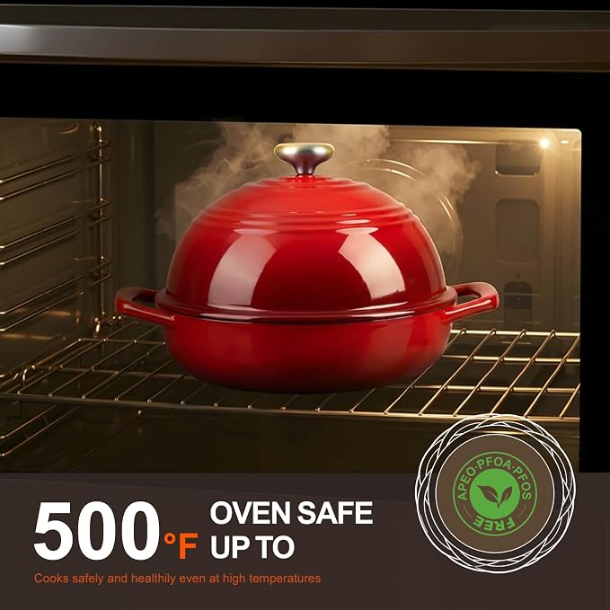 Overmont 6QT Enameled Cast Iron Bread Oven — Taller Body for Even Baking, Durable & Easy-to-Clean, Includes Dome Lid, Cotton Potholders & Cookbook, Perfect for Home Bakers & Sourdough Enthusiasts