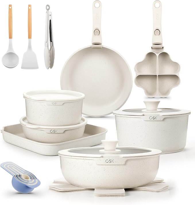 KOCH SYSTEME CS 21 Piece Pots and Pan Set Non Stick, Ceramic Cookware Set with Detachable Handle, RV Camping Stackable Kitchen Set, Pots and Pans Set Non Toxic, Induction Compatible, Oven Safe, 21PCS