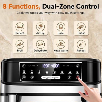 Emphsism 12QT Large Dual Zone Air Fryer with Divider, Match Cook & Smart Finish, Air Fry/Roast/Bake/Toast/Dehydrate/Reheat/Keep Warm/Preheat, Nonstick Dishwasher-Safe Basket, Digital Touchscreen