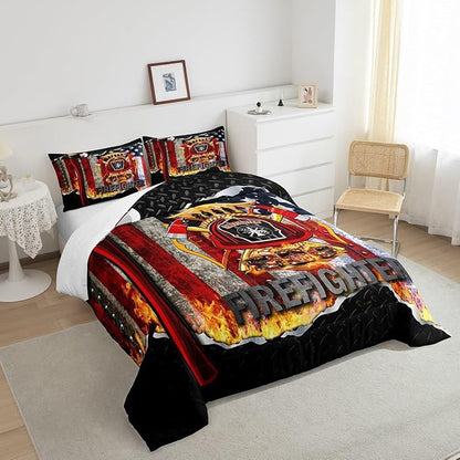 Manfei Fire Engine Red Axe Bed Comforter Set Queen Size,Firefighter Super Soft Microfiber Bedding Set for Girls Boys,American Flag Decorative Quilter Set