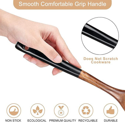 2 Pcs Wooden Spatula Set for Cooking Non Toxic Teak Kitchen Utensils Slotted Pancake Turner Flat Wood Wok Spatulas Bamboo Spoon for Cooking Utensil Set Spurtle Scraper Black Fish Egg Flipper Spatula