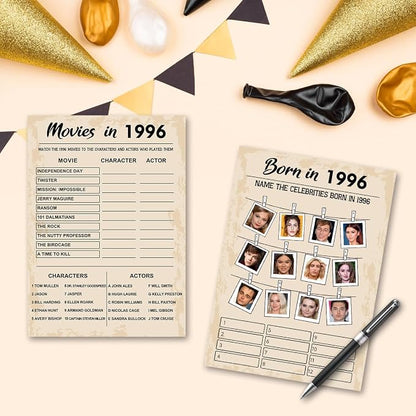 QUPT 30th Birthday Party Games, Born in 1996 Games Bundle, Set of 5 Activities for 10 Guests, Birthday Party Supplies for Adults, Pack of 50 Cards