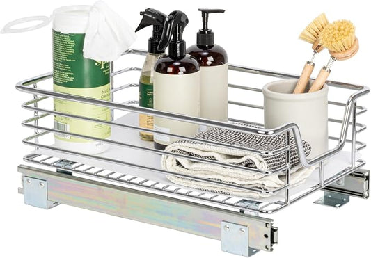 Household Essentials Chrome-Plated Steel Pull-Out Basket Organizer with Plastic Accents