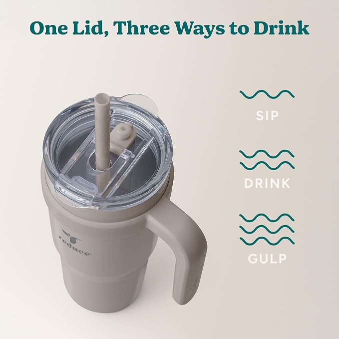 REDUCE 24 oz Stainless Steel Tumbler with Handle - Dual-Wall Vacuum Insulated Travel Mug, Sweat-Proof Lid & Reusable Straw - Keeps Drinks Cold for 24 Hrs, Fits Cupholders, Dishwasher Safe - Sand