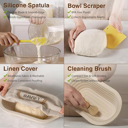Wood Pulp Banneton Bread Proofing Baskets Set of 2, 11 Inch Oval 750G Sourdough Proofing Basket Kit with Linen Covers, Dough Whisk, Scraper, Bread Lame & Flour Duster, Non-Stick Bread Bowl