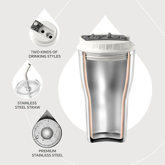 IDEUS Insulated Tumbler with Lid and Straw 14 oz, Stainless Steel Double-Wall Vacuum Leak-Proof Travel Coffee Mug, Cup Holder Friendly, White