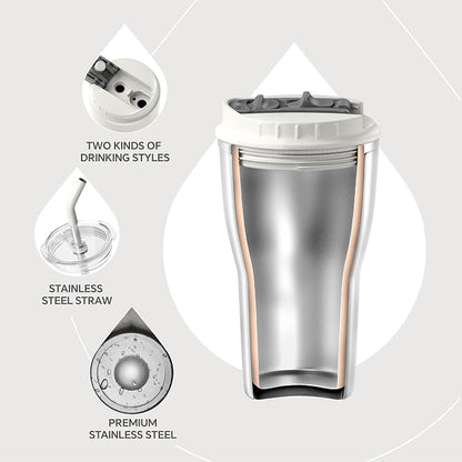 IDEUS Insulated Tumbler with Lid and Straw 14 oz, Stainless Steel Double-Wall Vacuum Leak-Proof Travel Coffee Mug, Cup Holder Friendly, White