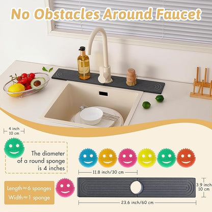 Faucet Mat for Kitchen Sink, 24'' Long Diatomite Sink Protector Splash Guard Draining Mat, Quick Drying Stone Sink Tray, Water Absorbent Soap Sponge Holder for Bathroom, Women Birthday Gift, Dark Gray