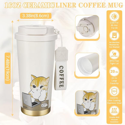 Insulated Tumbler With Lid And Straw, Stainless Steel Cat Coffee Tumbler 16 Oz, Travel Ceramic Lined Coffee Tumbler, Double Wall Vacuum Leak Proof Mug For Office School Party Camping (Working Cat)