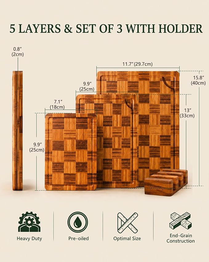 Cutting Board,Heavy Duty Cutting Board Set of 3 with Stand,End Grain Butcher Block Cutting Boards for Kitchen with Juice Grooves and Handles for Meat, Cheese, Charcuterie and Serving