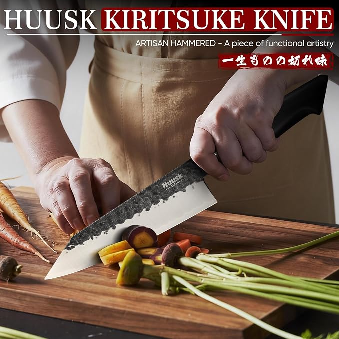 Huusk Kiritsuke Japanese Chef Knife - Hand Forged Japanese Knives with VG10 Steel Core, Ergonomic Handle 8 inch Kitchen Knife for Meat Sashimi Vegetable, Elegant Gift Box, Pro Chef's Choice