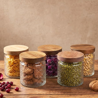 Suclain 6 Pcs 17 OZ Vintage Glass Jar with Acacia Wood Lids Airtight Glass Storage Canisters Kitchen Spice Jars Food Storage Containers for Pantry Coffee Grains Tea Sugar Flour(Stars)