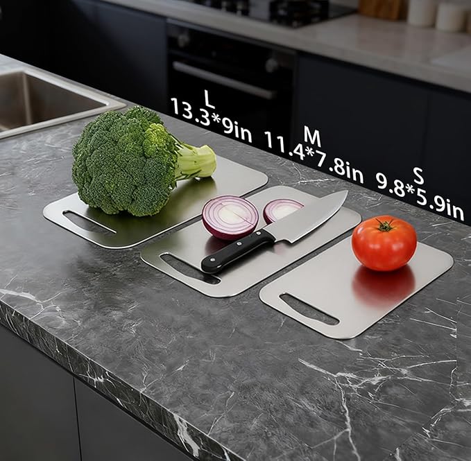 URMONA 3 PCS 304 Stainless Steel Cutting Board For Kitchen, Non-Staining&Odor-Free, Burr-Free Edges, Dishwasher Safe, Non Toxic Cutting Board（S+M+L）