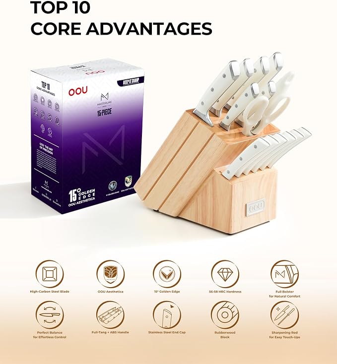 Knife Set, 15 Pcs German High Carbon Stainless Steel Kitchen Knife Set, Knife Sets with Block and Sharpener,Enduring Razor-Sharp FSC Wooden Knives Block Set for Kitchen，Nature
