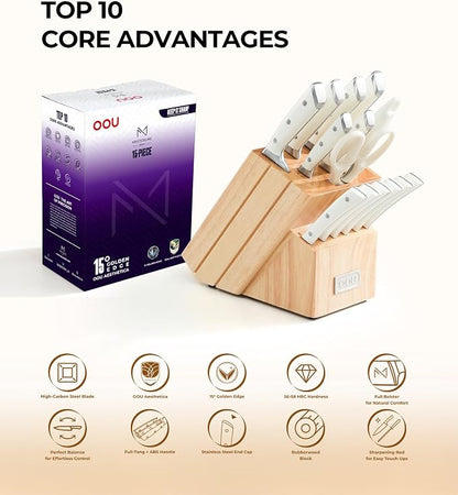Knife Set, 15 Pcs German High Carbon Stainless Steel Kitchen Knife Set, Knife Sets with Block and Sharpener,Enduring Razor-Sharp FSC Wooden Knives Block Set for Kitchen，Nature