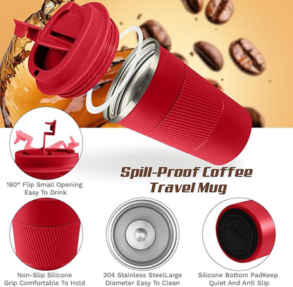 SPLMIFA Vacuum-Insulated Stainless Steel Travel Coffee Mug, Leak-Proof Reusable Coffee Cup with Lid - Keep Hot & Cold Drinks for Hours, Durable Insulated Tumbler for Men & Women(3rd-Red, 12OZ)