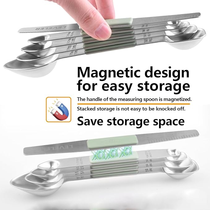 Stainless Steel Magnetic Measuring Spoons Set, Heavy Duty Metal Kitchen Gadgets for Baking & Cooking, Fits in Most Kitchen Spice Jars, Set of 4 with Leveler (Mint green)