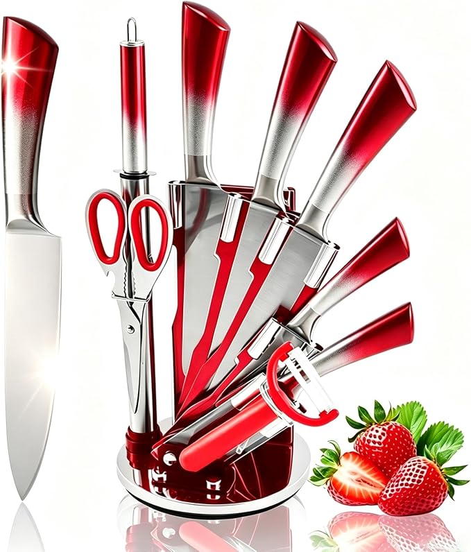 Professional 9-Piece Kitchen Knife Set with Acrylic Block - Non Stick Sharp Stainless Steel Chef Knives with Sharpener,Gift for Home Kitchen Women