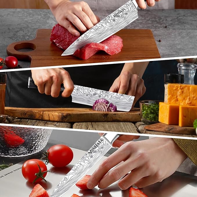 MOSFiATA 5 PCS Chef Knife Set, Kitchen Knife Set with Sharpener Rod | German High Carbon Stainless Steel ， 5PCS Blade Guard，Gift Box