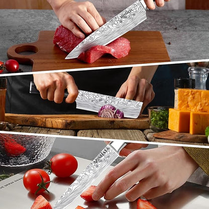 MOSFiATA 5 PCS Chef Knife Set, Kitchen Knife Set with Sharpener Rod | German High Carbon Stainless Steel ， 5PCS Blade Guard，Gift Box